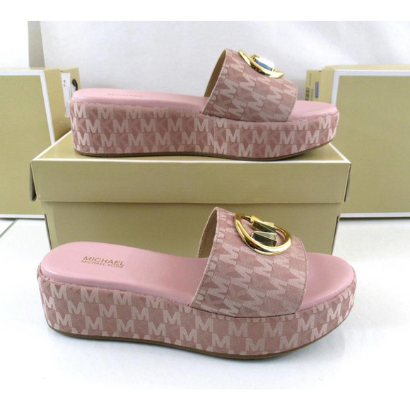 Michael Kors Sadler Platform Wedge Sandals MK Logo Fawn Light Pink - Picture 3 of 7
